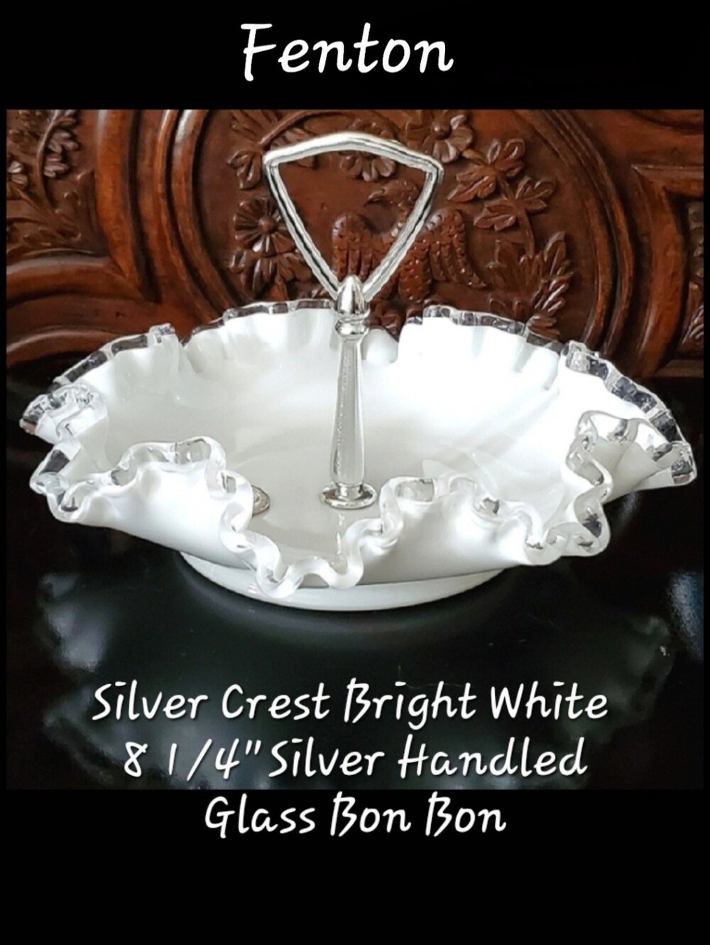 8 1/4" Fenton Silver Crest Bon Bon Handled Dish Glossy White & Clear Glass